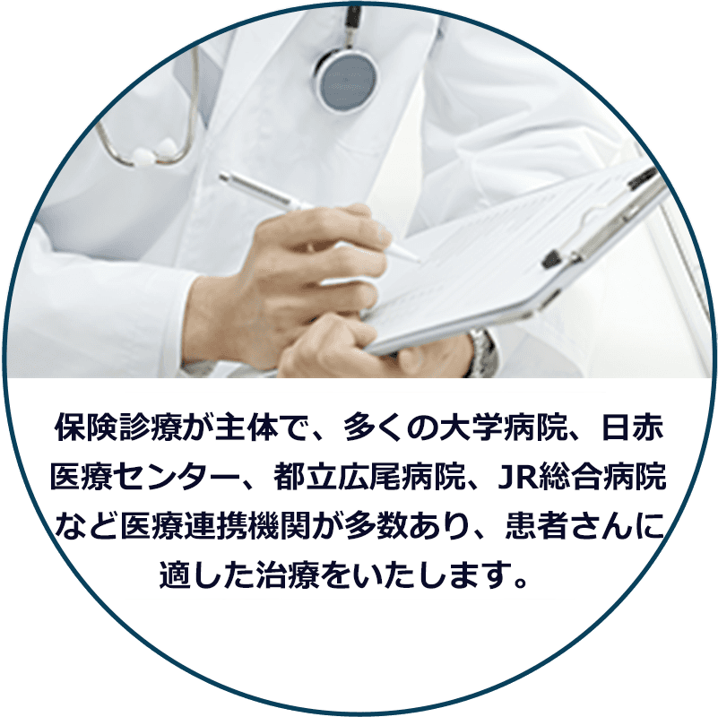 保険診療が主体で、多くの大学病院、日赤医療センター、都立広尾病院、JR総合病院など医療連携機関が多数あり、患者さんに適したの治療をいたします。